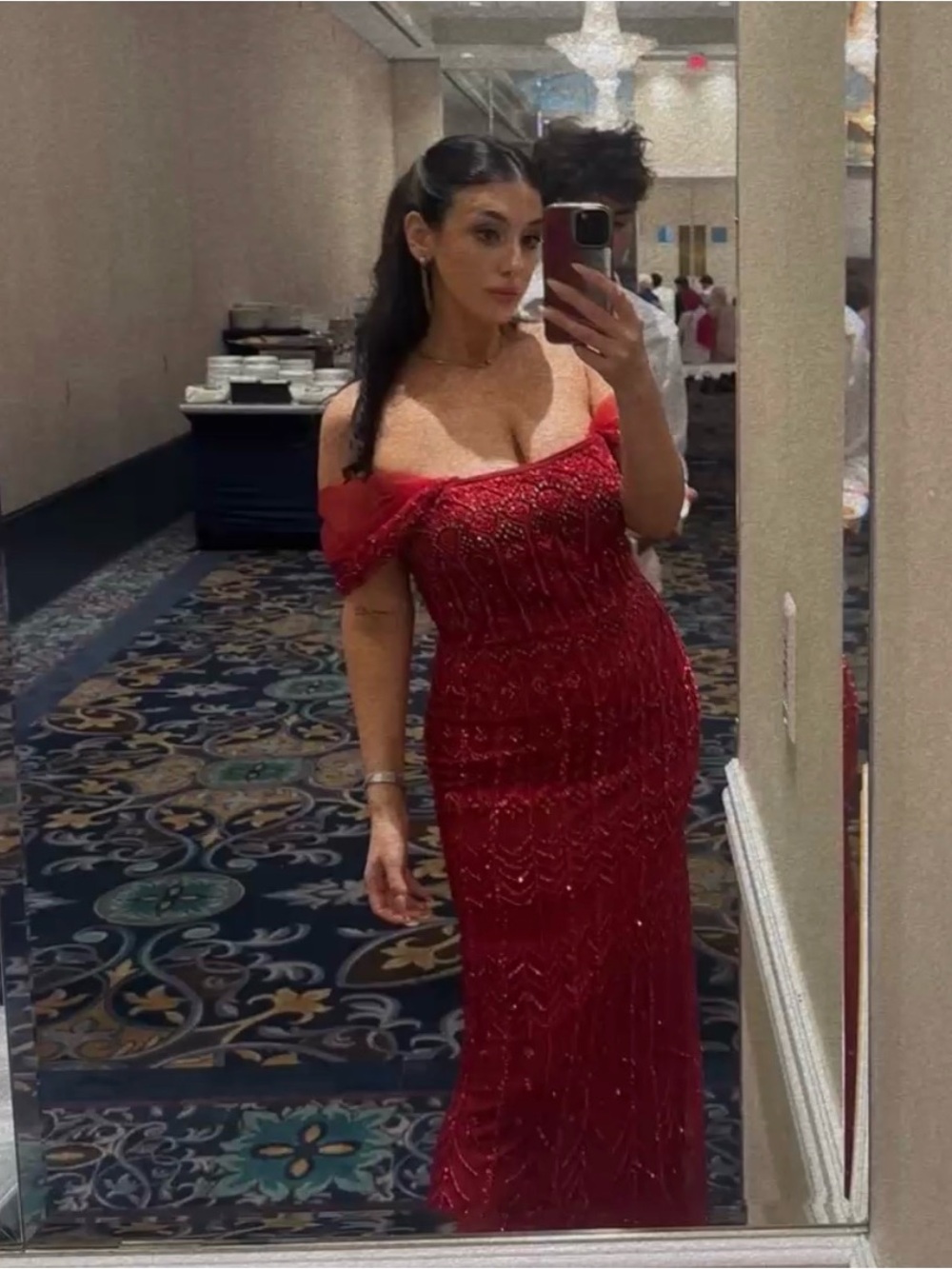 Off-Shoulder Red Beaded Evening Gown